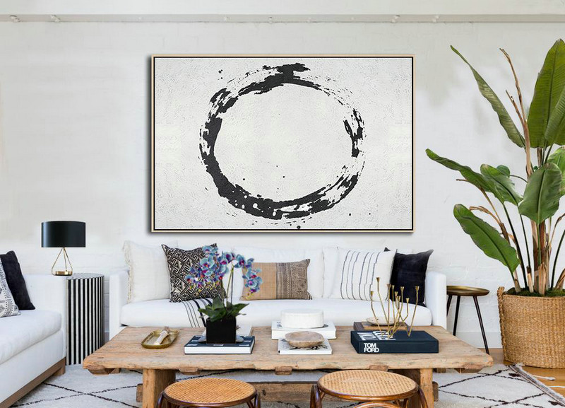Acrylic Painting Large Wall Art,Oversized Horizontal Minimalist Circle Art On Canvas, Black And White Minimalist Painting - Canvas Wall Art